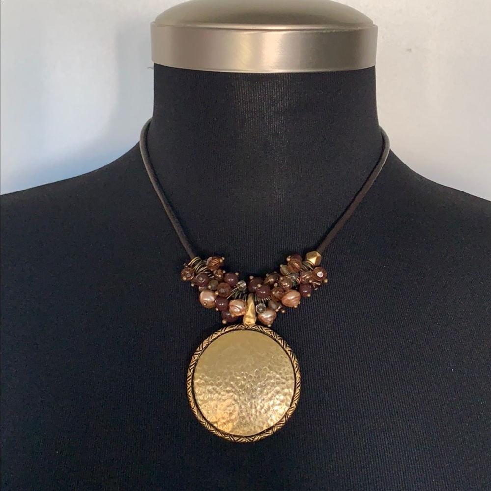 Vintage Gold Metal Hammered & Beaded Necklace With 2” Extender 19” Total Length